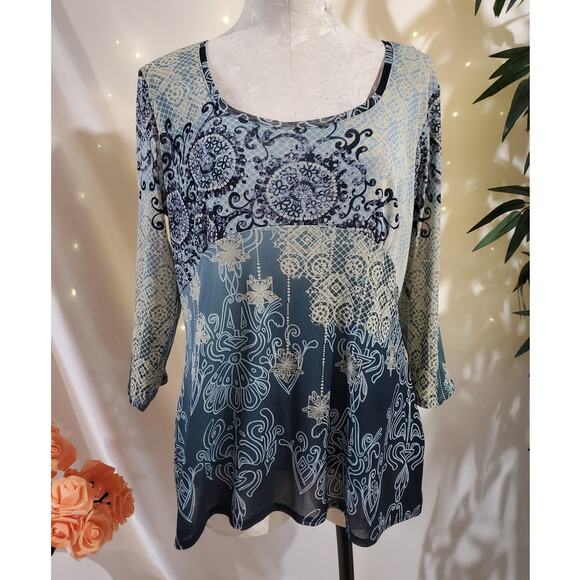 Vtg Axcess Liz Claiborne Sheer Mesh Overlay Babydoll 3/4 Sleeve Top Size XL Boho - Picture 1 of 11
